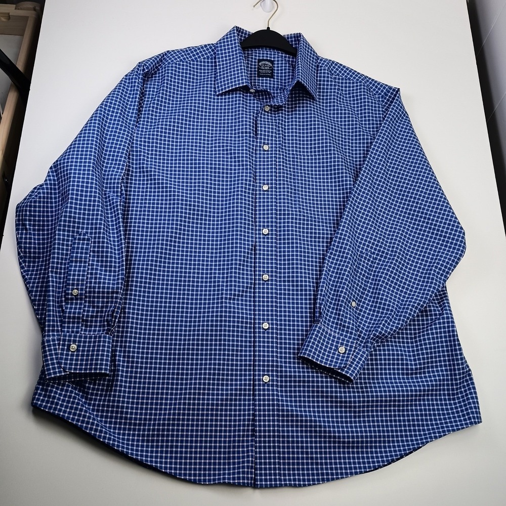 Brooks Brothers Mens 18 34/35 Blue Gingham Non-Iron Stretch Supima Cotton Shirt‎